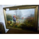 A framed 20c oil on canvas study of huntsman and hounds in a country landscape est: £40-£60