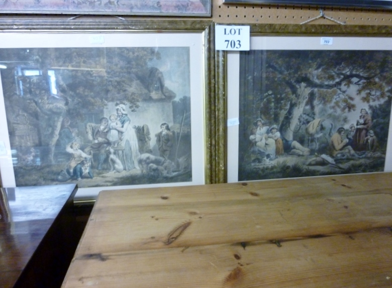 A pair of framed and glazed prints country landscapes with figures resting/playing beneath trees