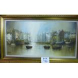 A framed oil on canvas canal landscape scene with fishing boats signed John Bampfield lower left