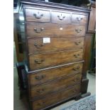 A George III mahogany chest on chest with three small drawers over six long all with brass swan