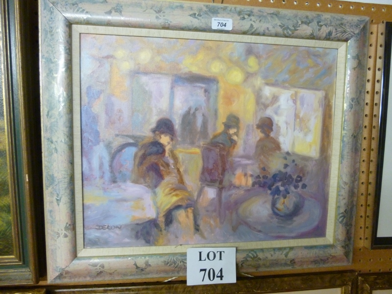 A decoratively framed 20c oil on canvas interior cafe/restaurant scene c1950's signed Deion lower