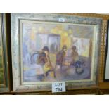 A decoratively framed 20c oil on canvas interior cafe/restaurant scene c1950's signed Deion lower