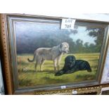 A framed oil on canvas depicting two dogs in a field signed M Epton lower right (slightly a/f) est: