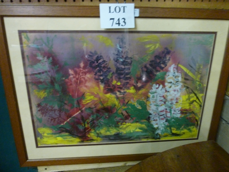 A framed and glazed abstract oil study of flowers titled 'Floral Dance' signed David Hughes lower