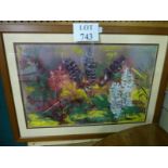 A framed and glazed abstract oil study of flowers titled 'Floral Dance' signed David Hughes lower