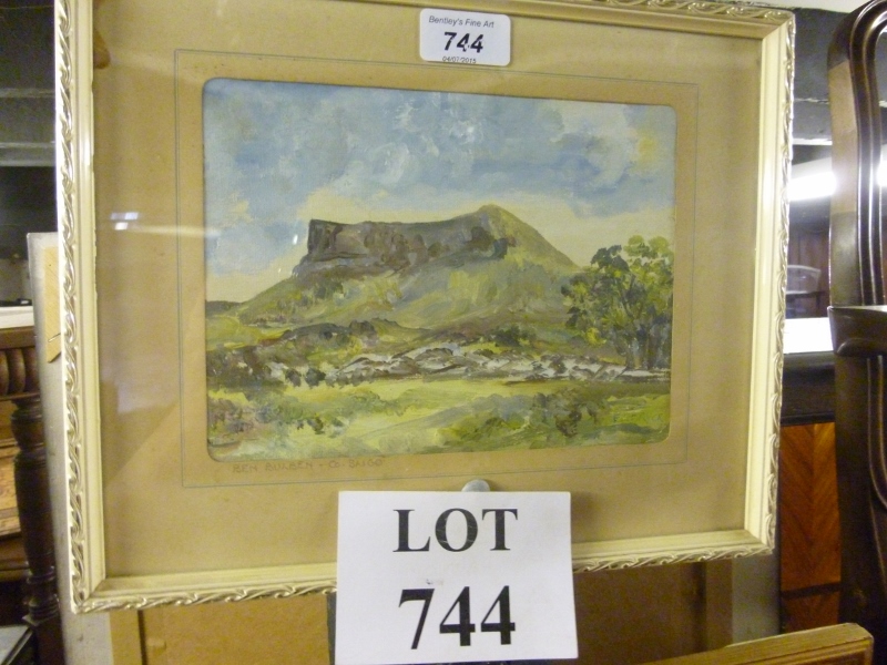 A small framed and glazed oil study of a country landscape 'Ben Bulben-Co Sligo (Ireland) signed E