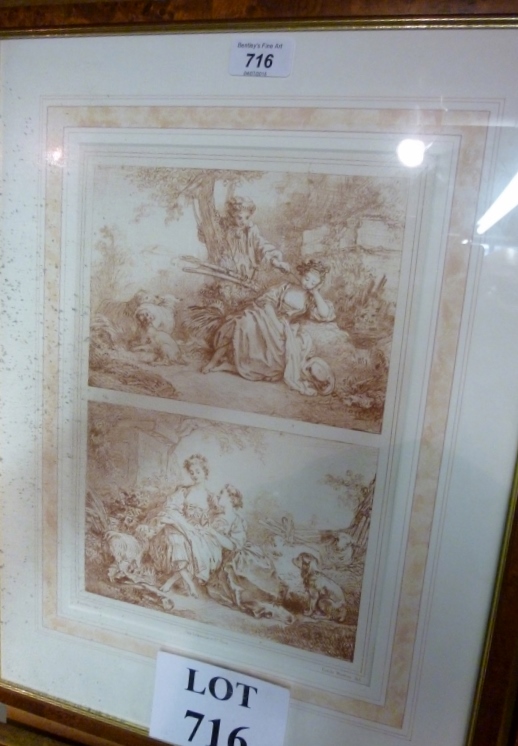 A framed and glazed French Boucher print,