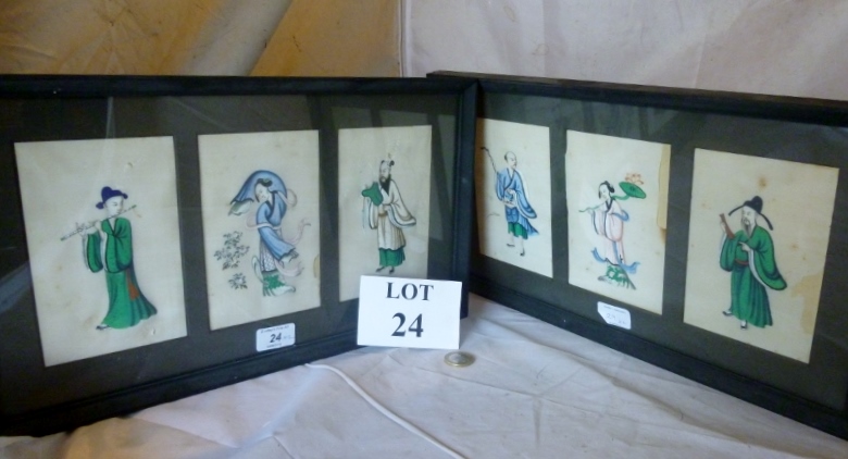 A pair of glazed frames containing a set of six Chinese pictures painted on silk (a/f) est: £30-£50