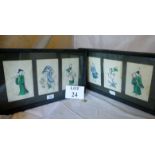 A pair of glazed frames containing a set of six Chinese pictures painted on silk (a/f) est: £30-£50