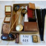 A box of old fans, treen items,
