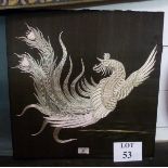 A decorative Oriental embroidered picture on silk depicting a cockerel in silver thread est: