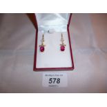 Indian ruby & zircon earrings (25 mm drop) boxed (8 x 6 mm rubies) 14K/925 est: £45-£65