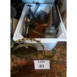 A mixed lot to include vintage trouser presses; table gong; plated tea set,