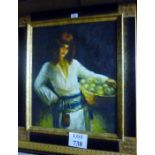 A framed 20c oil on board portrait study of a continental fruit seller signed indistinctly lower