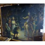 A large unframed oil on canvas depicting a religious scene of Jesus caught by soldiers est: £30-£50