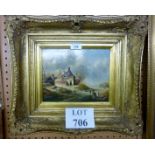 A gilt framed oil on board landscape scene with cottage and figures signed indistinctly lower right