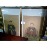 A pair of large paintings on  fabric oriental portrait studies of a man and woman est: £50-£80