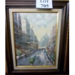 A framed impressionist style oil street scene with tram and figures signed indistinctly lower left