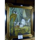 A framed and glazed 20c oil on board study of a cat and her kittens playing by a harp signed T