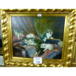 A large gilt framed oil on canvas study of a cat and kittens signed Bibari M lower left est: