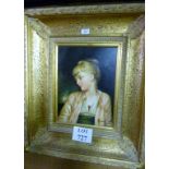 An elaborately gilt framed 20c oil on board portrait study of a girl signed B Larson lower right