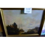 A gilt framed oil on canvas country landscape scene with seaside house and boats est: £30-£50