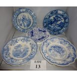 Four good early 19c pictorial blue and white bowls,