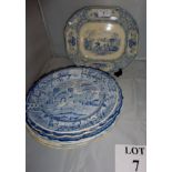 Eight mainly early 19c blue and white pictorial dishes by various factories est: £30-£50 (A2)