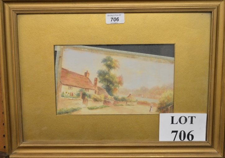 A framed and glazed watercolour country cottage scene from Dittisham,