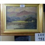 A framed oil on board country lake scene with mountains beyond mono F W lower left est: £40-£60