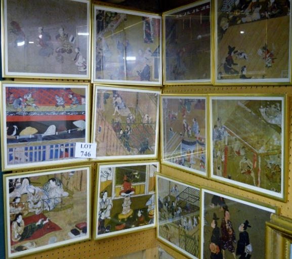 A fantastic set of twelve framed and glazed Japanese coloured prints depicting various scenes of