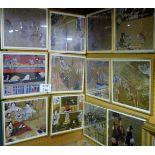A fantastic set of twelve framed and glazed Japanese coloured prints depicting various scenes of