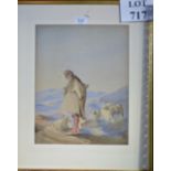 A framed 19th century  watercolour study of a mountainous landscape with shepherd and a flock of