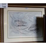 A framed and glazed print 'Quails in a Summer Field' signed in pencil Basil Ede and with