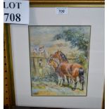 A framed and glazed watercolour study of a young boy feeding a horse and foal over a fence est: