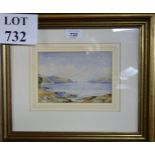 A framed and glazed watercolour study of a distant ship coming into a bay signed indistinctly lower
