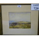 A framed and glazed watercolour study of a country landscape scene with figure on horseback signed