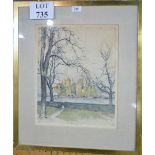 A framed and glazed coloured print depicting a view of New York City from across the water signed