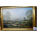 A framed oil on canvas country landscape scene with figures,