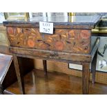 An 18c and later oak box on stand with marquetry front panel and later sectioned interior est: