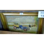 A framed oil on canvas study of an early motor car and figures to background signed lower left est: