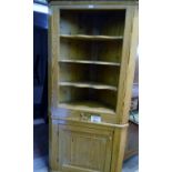 A 19c pine tall corner cupboard with open shelves over a small drawer and cupboard beneath est: