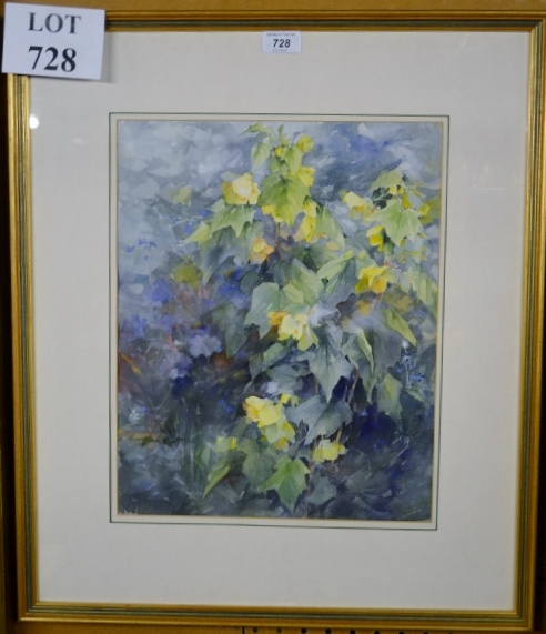 A framed and glazed watercolour study of flowers signed indistinctly lower right label verso reads