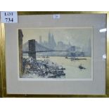 A framed and glazed coloured print depicting an American dock land with New York City beyond signed