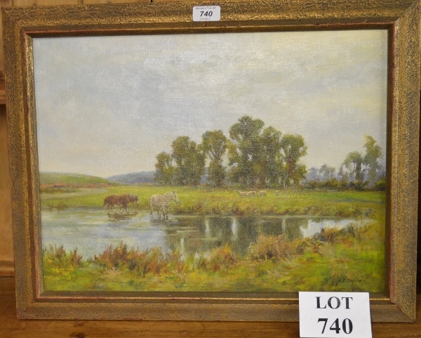 A framed oil on canvas country landscape with horse and sheep by a lake dated 1930 (38 x 51 cm