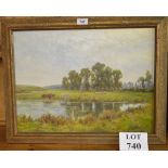 A framed oil on canvas country landscape with horse and sheep by a lake dated 1930 (38 x 51 cm