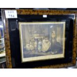 A framed and glazed engraving interior scene with woman and children 'The Romps' engraved by W Ward