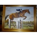 A framed oil on canvas study of a jockey on horseback "clear round" signed Richard Grasby lower