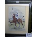 A framed and glazed watercolour study of a polo player on horseback signed indistinctly lower right
