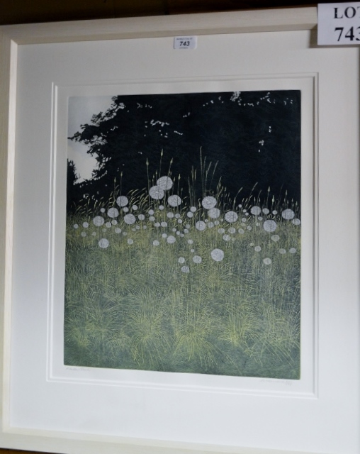 A framed and glazed limited edition Phil Greenwood print 'Meadow Clocks' (201/295) signed Greenwood